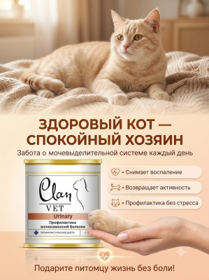 Влажный ветеринарный корм CLAN VET URINARY для кошек кошек профилактика МКБ 240г