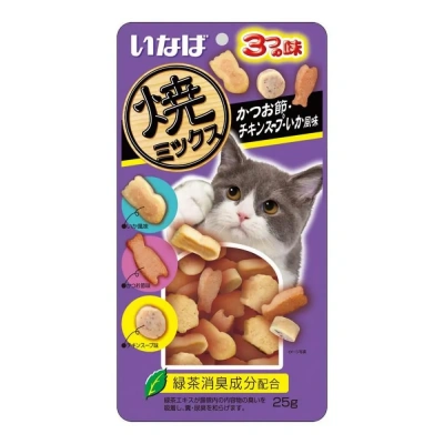 Лакомство запеченное INABA для кошек Yakimiksu ассорти со вкусом кацуобуси, кур.бульона и кальм. 25г
