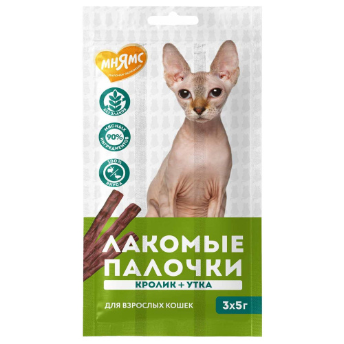 Лакомство для кошек лакомые палочки с уткой и кроликом 3х5г Мнямс