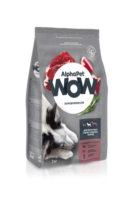 Сухой корм Альфа Пет WOW  для взрослых собак средних пород с Говядиной и сердцем 2кг