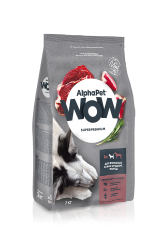 Сухой корм Альфа Пет WOW  для взрослых собак средних пород с Говядиной и сердцем 2кг