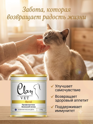 Влажный ветеринарный корм CLAN VET RENAL для кошек, профилактика болезней почек 240г