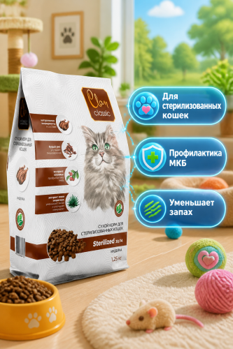Сухой корм CLAN CLASSIC Sterilized, для стерилизованных кошек, индейка 1,25кг