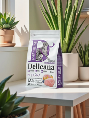 Сухой корм DELICANA для кошек  с чувствительным пищеварением с индейкой 1,5 кг 