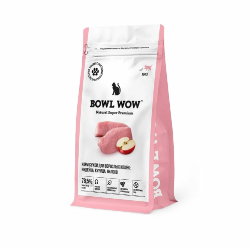 Сухой корм BOWL WOW корм для взрослых кошек с индейкой и яблоком 1,5 кг