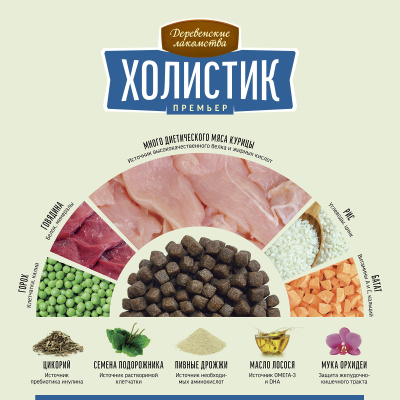 Сухой корм Деревенские лакомства Холистик Премьер для щенков курица с рисом 7 кг.