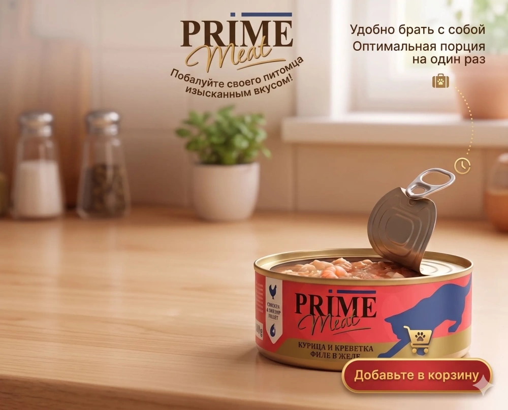 Влажный корм Prime Meat  Курица с креветкой, филе в желе, для кошек ж/б 100г