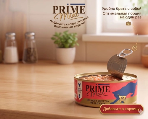 Влажный корм Prime Meat  Курица с креветкой, филе в желе, для кошек ж/б 100г