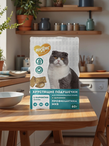 Лакомство Мнямс Хрустящие подушечки для стерил. кошек с цыпленком и клюквой "Профилактика МКБ" 60 г.