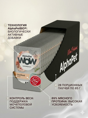 Влажный корм AlphaPet  WOW Superpremium для стерил. кошек, паштет с цыпленком 28х85гр