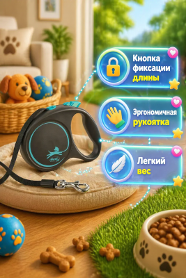 Flexi 57302F Рулетка Black Design L 5м до 50кг (ремень) черно-голубая