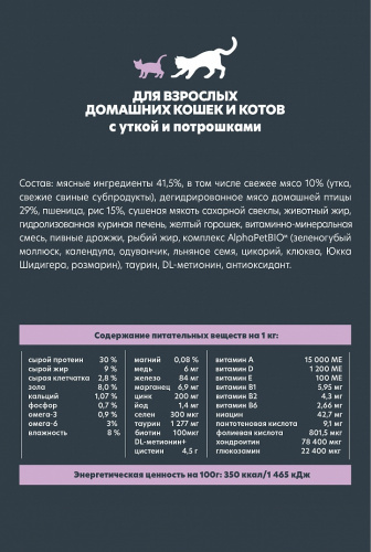 Сухой корм Альфа Пет WOW  для взрослых домашних кошек c Уткой и потрошками 750г