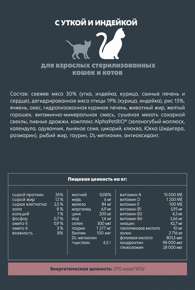 Сухой корм Альфа Пет для стерилизованных кошек и котов с Уткой и индейкой 7кг