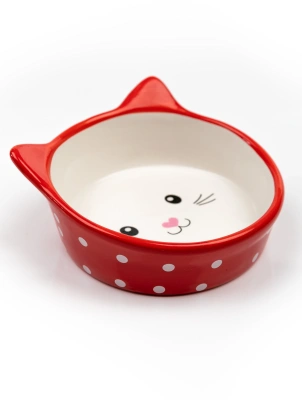 Миска Mr.Kranch керамическая  для кошек "Мордочка кошки" Красная в горошек 250 мл