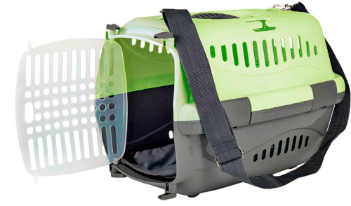 16123 Переноска для животных "Турне" M с прозр.пласт. дверцей (коврик + ремень) 48*32*32 см, зеленая