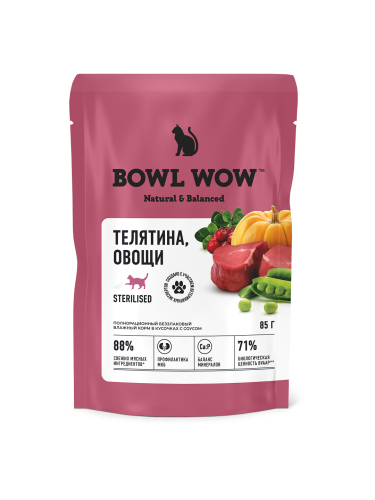 Влажный корм BOWL WOW для стерилизованных кошек с лососем и овощами,  кусочки в соусе 12х85 г 
