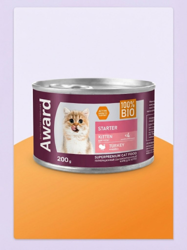 Влажный корм AWARD для котят до 4 месяцев, беременных и кормящих кошек паштет из индейки 200г 