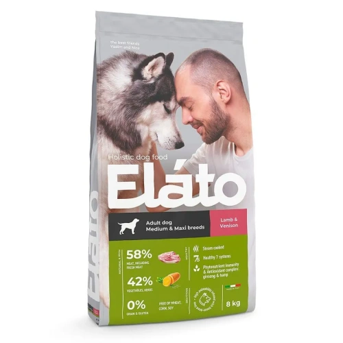 Сухой корм для собак средних и крупных пород с ягненком и олениной, 8 кг. Elato Holistic