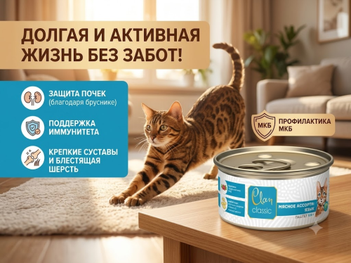 Влажный корм CLAN CLASSIC для кошек Мясное ассорти с языком, паштет 100гр