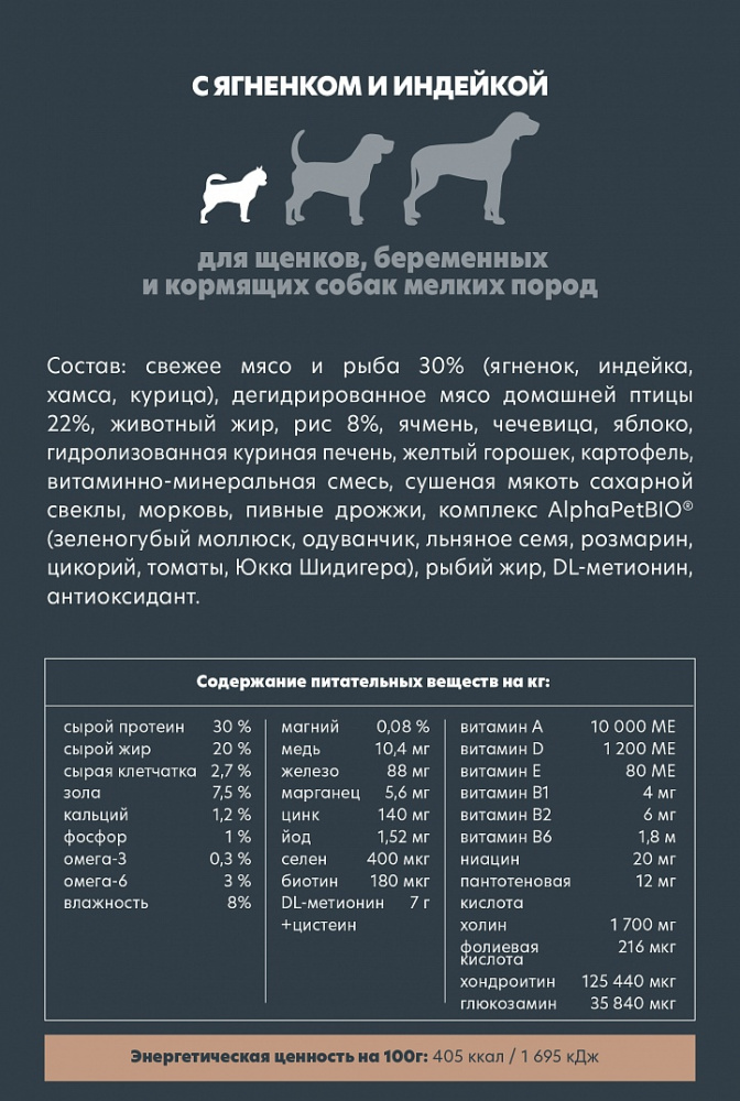 Сухой корм Альфа Пет для щенков, беременных и кормящих собак мелких пород с Ягненком и индейкой 7кг