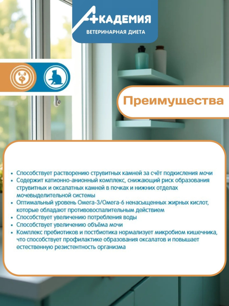 Корм для кошек Академия для растворения струвитных камней,предотвращения их образования 1,5кг