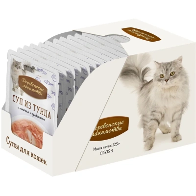 Влажный корм Деревенские лакомства для кошек - Суп из тунца с лососем и гребешком (15 шт по 35 гр)