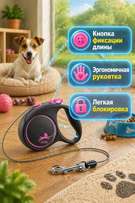 Flexi 56006F Рулетка Black Design XS 3м до 8кг (трос) черно-розовая