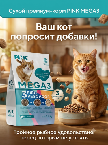 Сухой корм для кошек Три вида рыбы, крокет+запеченное+сублимированное мясо, 1,5кг. PINK MEGA 3