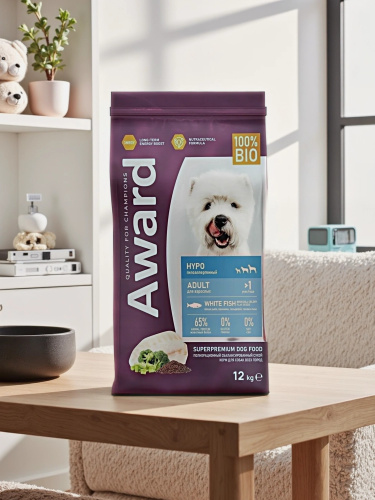 Сухой корм AWARD HYPO для взрослых собак с белой рыбой, брокколи, сельдереем и семянами льна 12кг