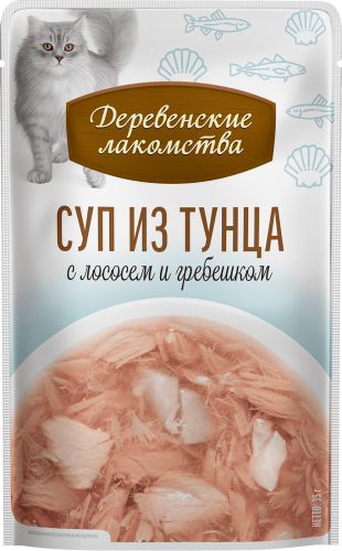 Деревенские лакомства 4х35 г суп для кошек из тунца с лососем и гребешком пауч