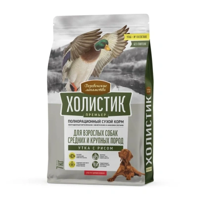 Сухой корм Деревенские лакомства Холистик Премьер для собак сред. и круп. пород утка с рисом 7кг.