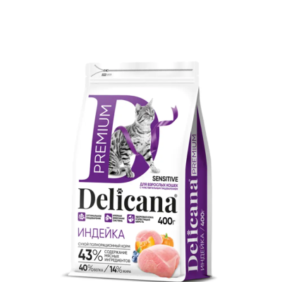 Сухой корм DELICANA для кошек  с чувствительным пищеварением с индейкой 0,4 кг 