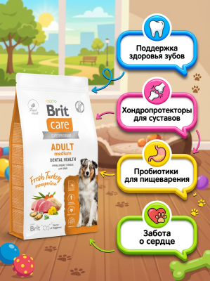 Сухой корм Брит Care Dog Adult M Dental Health, для взрослых собак,  Индейка, 1,5 кг