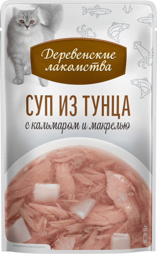 Деревенские лакомства 4х35 г суп для кошек из тунца с кальмаром и макрелью пауч