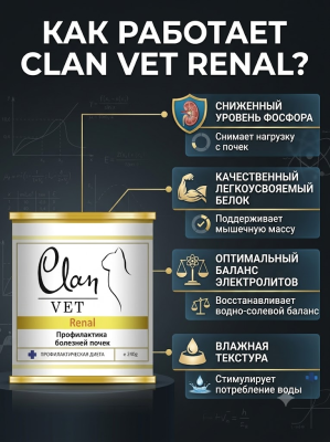 Влажный ветеринарный корм CLAN VET RENAL для кошек, профилактика болезней почек 240г