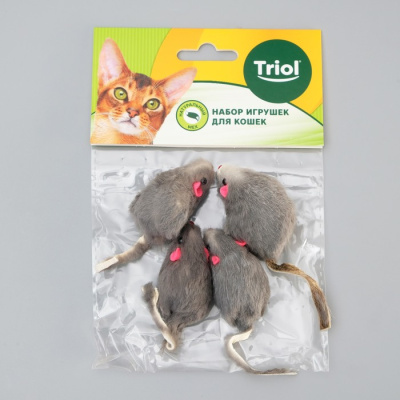 Игрушка Триол для кошек - Мышь, серая с погремушкой, мех натуральный, 5см, 4шт. в упаковке