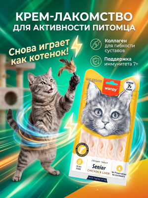 Лакомство для пожилых кошек «нежное пюре» из курицы и куриной печени 70 г. Wanpy Cat