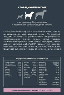 Сухой корм Альфа Пет для щенков, беременных и кормящих собак средних пород с Говядиной и рисом 7кг