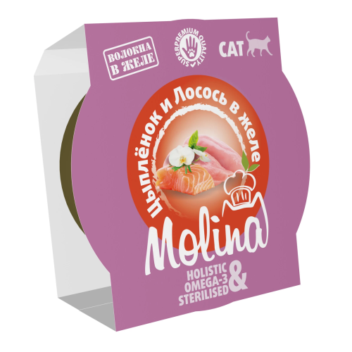 Влажный корм для кошек MOLINA, Цыпленок и лосось в желе, 12х75г