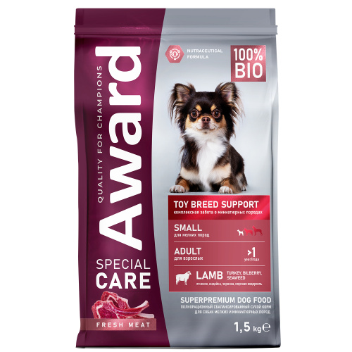 Сухой корм для собак мини пород, со свежим мясом ягненка 1,5кг AWARD SPECIAL CARE Toy Breed Support