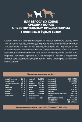 Сухой корм Альфа Пет WOW  для собак средних пород чувств. пищев. с Ягненком и бурым рисом 2кг