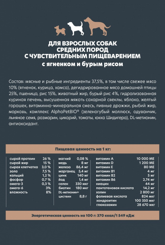 Сухой корм Альфа Пет WOW  для собак средних пород чувств. пищев. с Ягненком и бурым рисом 2кг