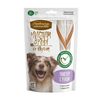 Деревенские лакомства Чистим зубы 100 г для собак от 20 кг твистер с уткой