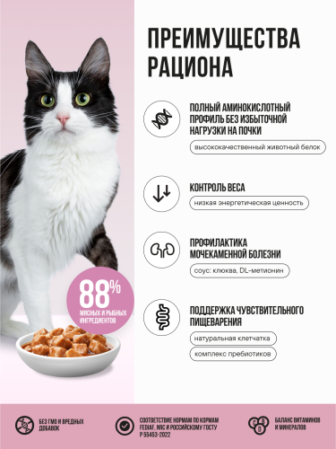 Влажный корм BOWL WOW для стерилизованных кошек с лососем и овощами,  кусочки в соусе 12х85 г 