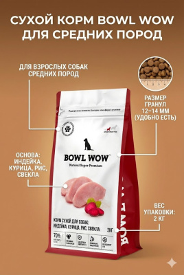 Сухой корм BOWL WOW для взрослых собак средних пород с индейкой, курицей, рисом и свеклой 2 кг