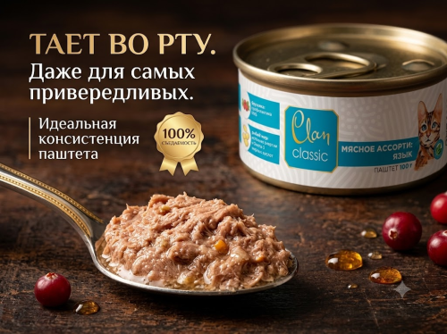 Влажный корм CLAN CLASSIC для кошек Мясное ассорти с языком, паштет 100гр