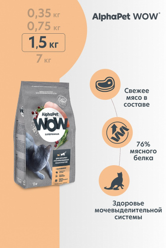 Сухой корм Альфа Пет WOW  для стерилизованных кошек c Цыпленком 1,5кг