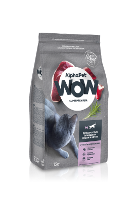 Сухой корм Альфа Пет WOW  для взрослых домашних кошек c Уткой и потрошками 1,5кг