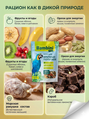 Корм Bambini Pets для крупных попугаев, 800 г 