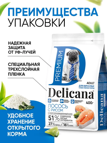 Сухой корм Delicana для собак мелких пород с лососем и рисом 0,4 кг